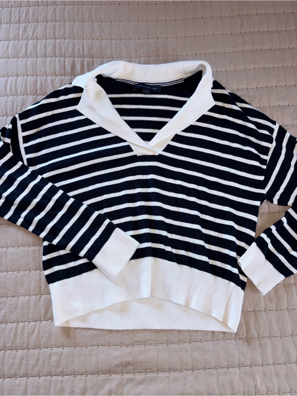 Tommy Hilfiger Navy and White Striped V-Neck Sweater